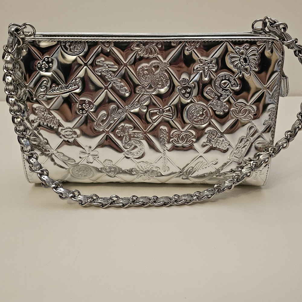 Auth Chanel silver patent lucky charm symbol handbag clutch
